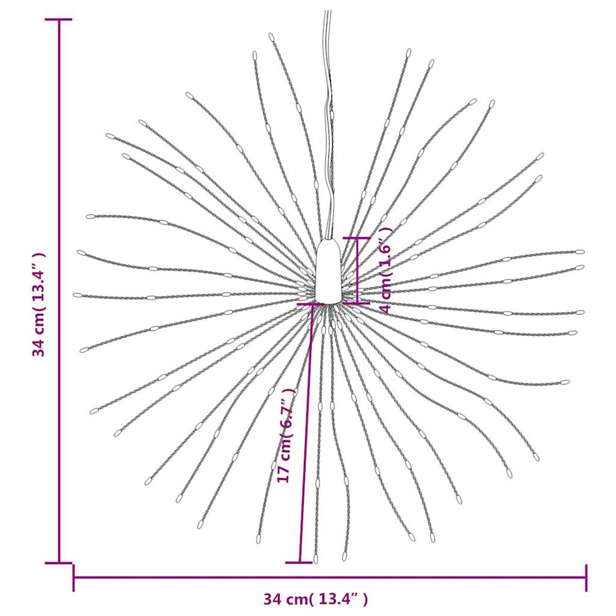 Silberdraht-Starburst-Licht. Maße in Zentimetern. Radiale Drähte, die sich von einer zentralen Basis erstrecken.
