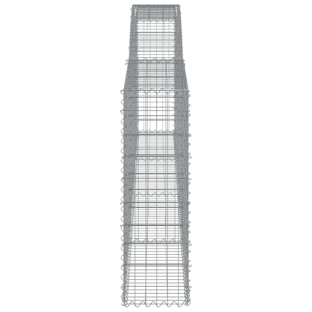 Ein hoher Draht-Gabionenkorb, Seitenansicht, auf weißem Hintergrund.