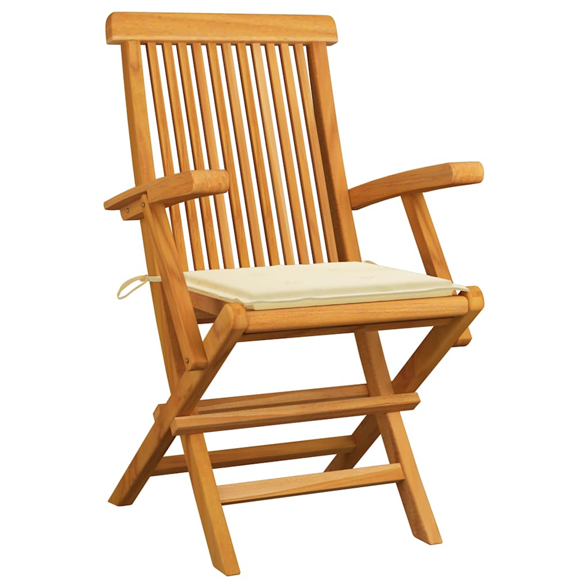 Ein Holzstuhl mit beigem Kissen wird von vorne gezeigt.