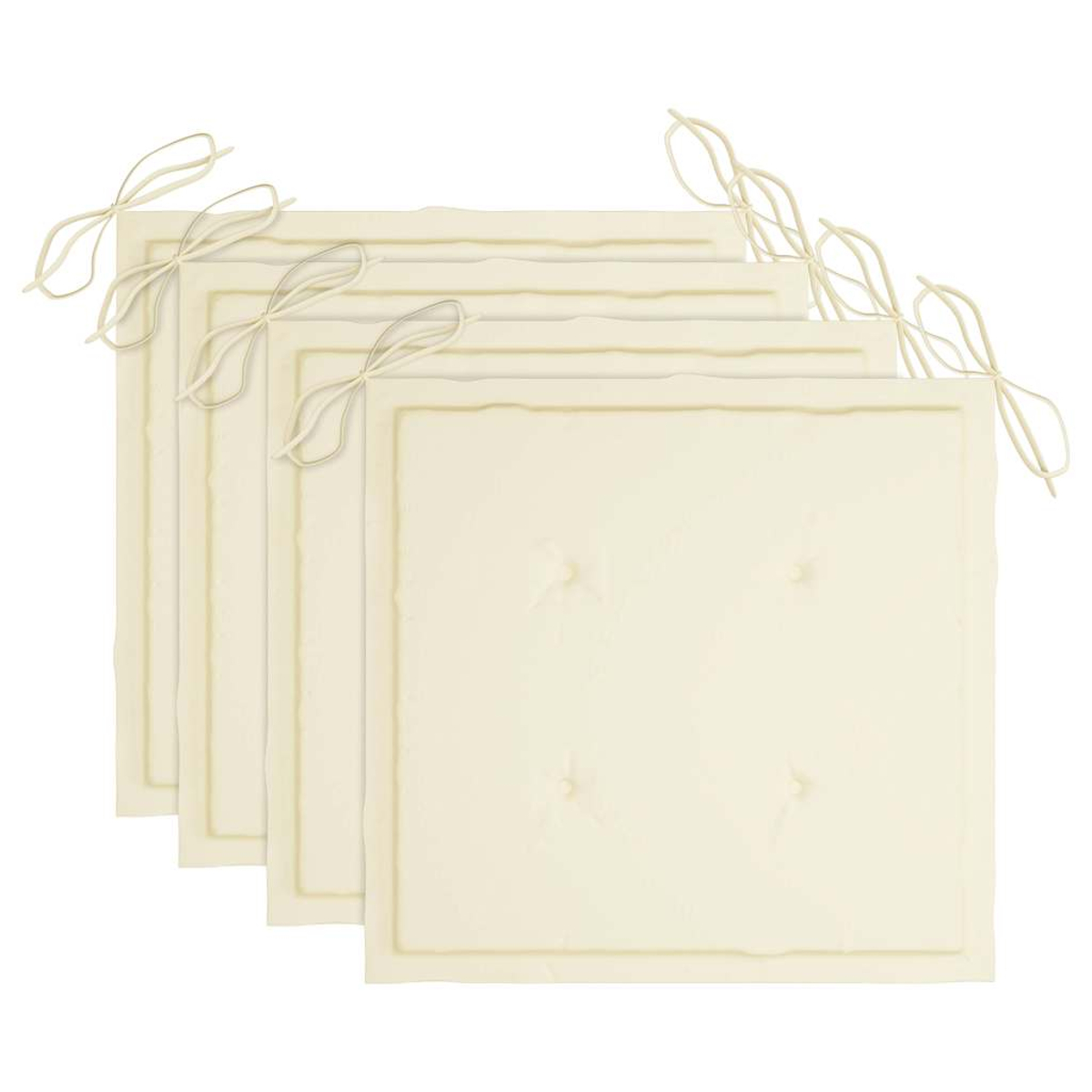 Vier cremefarbene Stuhlkissen mit Bindebändern. Quadratische Form und leicht strukturierte Oberfläche.