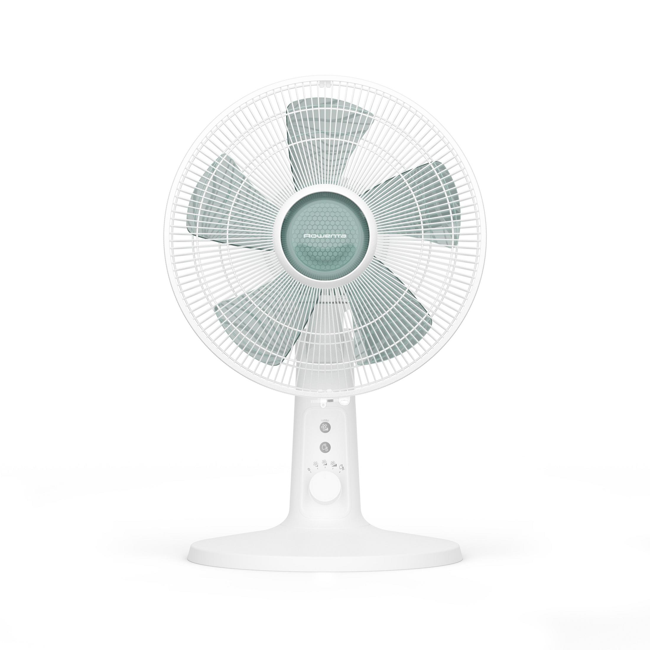 Un ventilatore bianco con pale verdi su sfondo bianco.