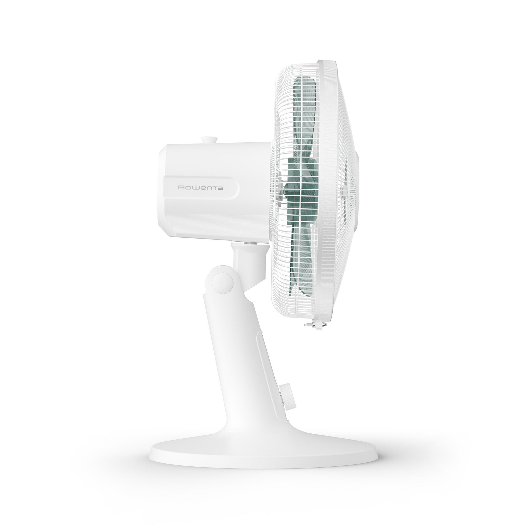 Ventilatore bianco con un design curvo, visto di lato.
