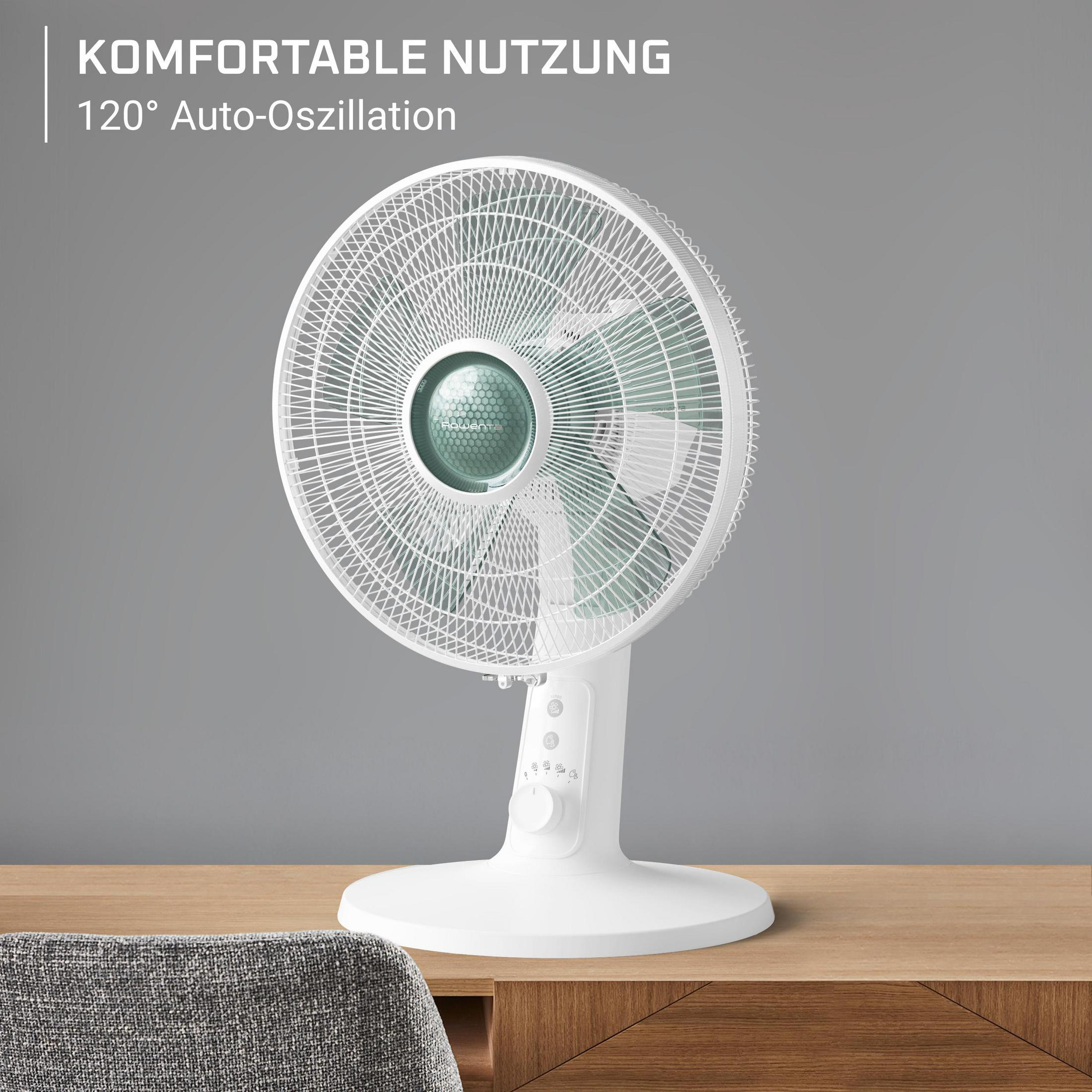Ventilatore bianco con pale verdi su un tavolo di legno. Parete grigia dietro il ventilatore.