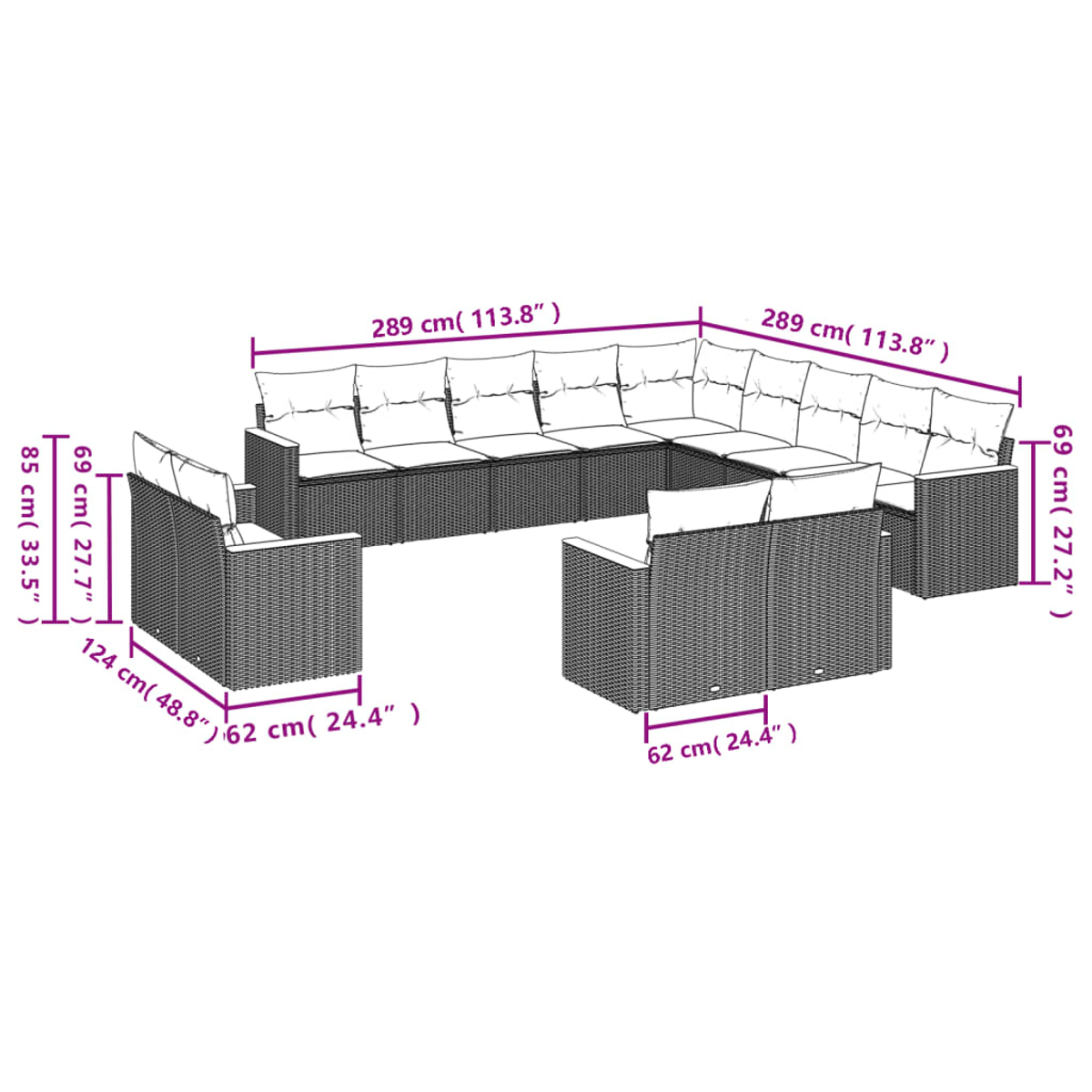 Diagramm eines Outdoor-Ecksofas mit Abmessungen in Zentimetern und Zoll.