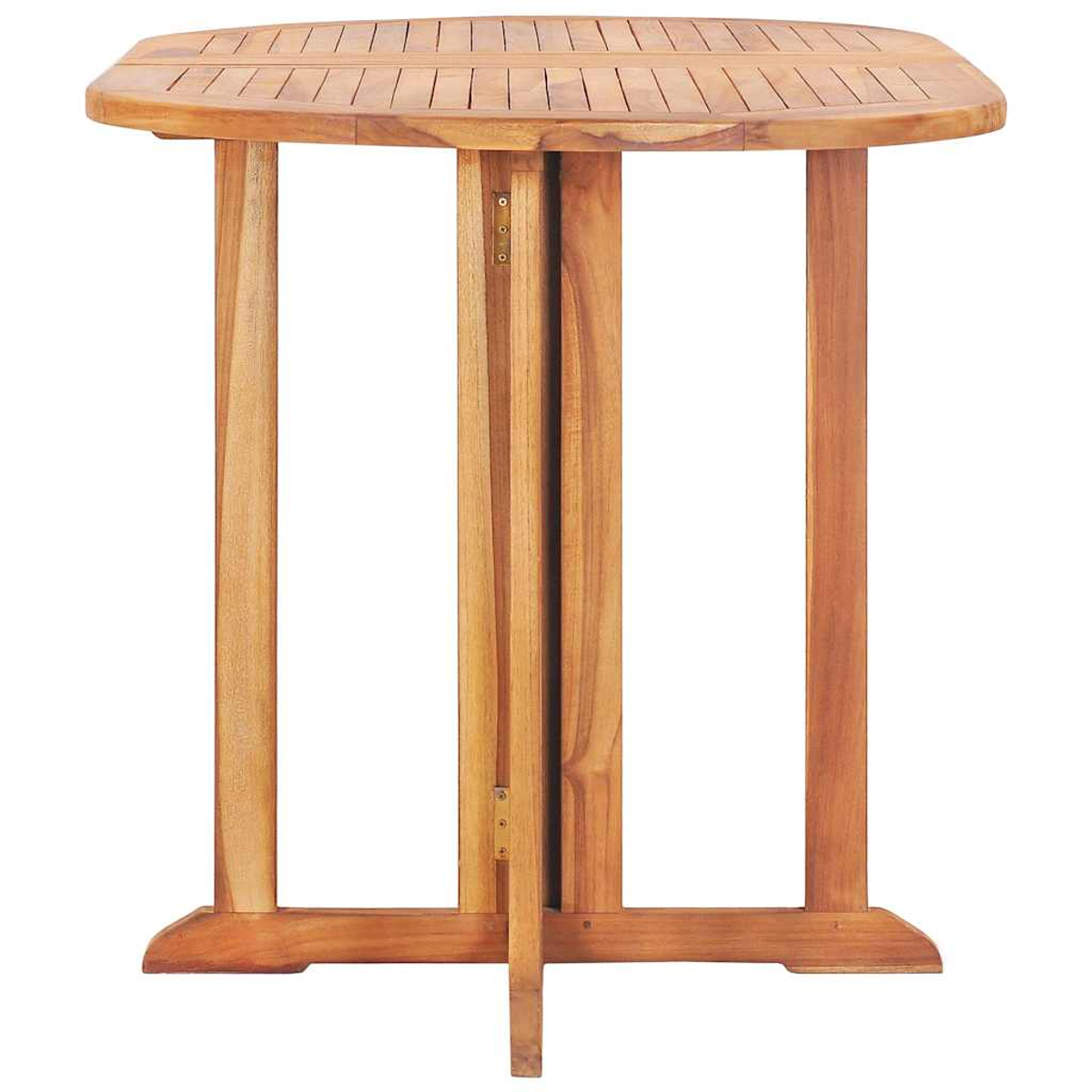 Holztisch für den Außenbereich mit gewölbter Oberseite. Die Beine sind auch aus Holz.