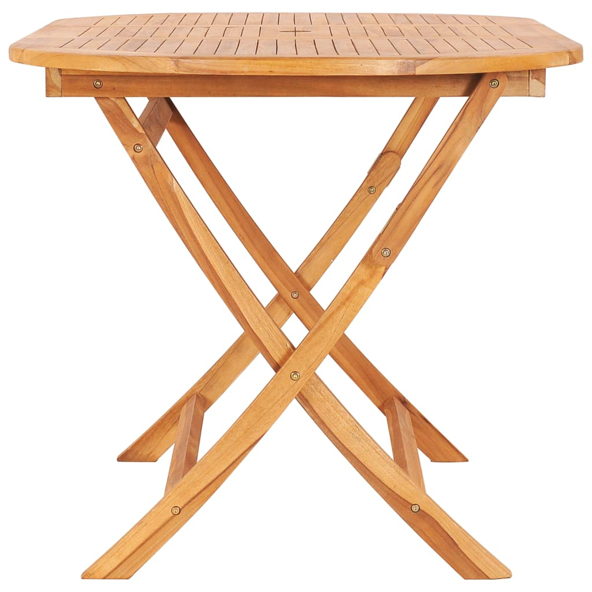 Quadratischer Holztisch mit Klappbeinen. Der Tisch ist aus hellfarbenem Holz.
