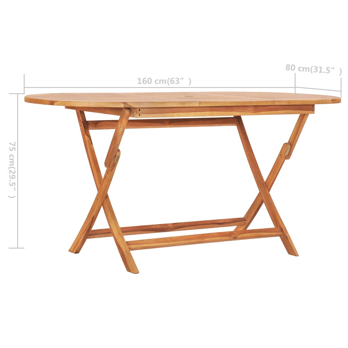 Ovaler Holztisch mit Klappbeinen. Braunes Holz. Abmessungen sind beschriftet.
