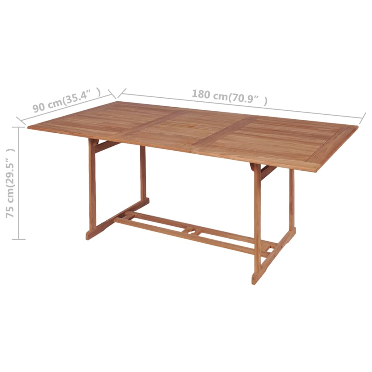 Rechteckiger Holztisch. Abmessungen: 180cm lang, 90cm breit und 75cm hoch. Die Beine sind hellbraun.