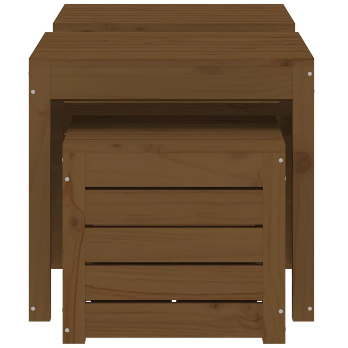 Set von ineinander verschachtelten Holztischen. Braune Farbe, Latten-Design, verschiedene Größen.