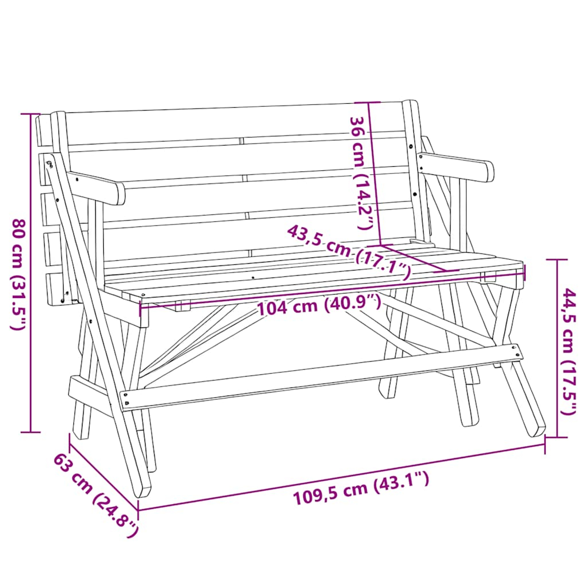 Panca in legno con schienale pieghevole. Dimensioni: 104 cm lunghezza, 80 cm altezza e 43,5 cm larghezza.