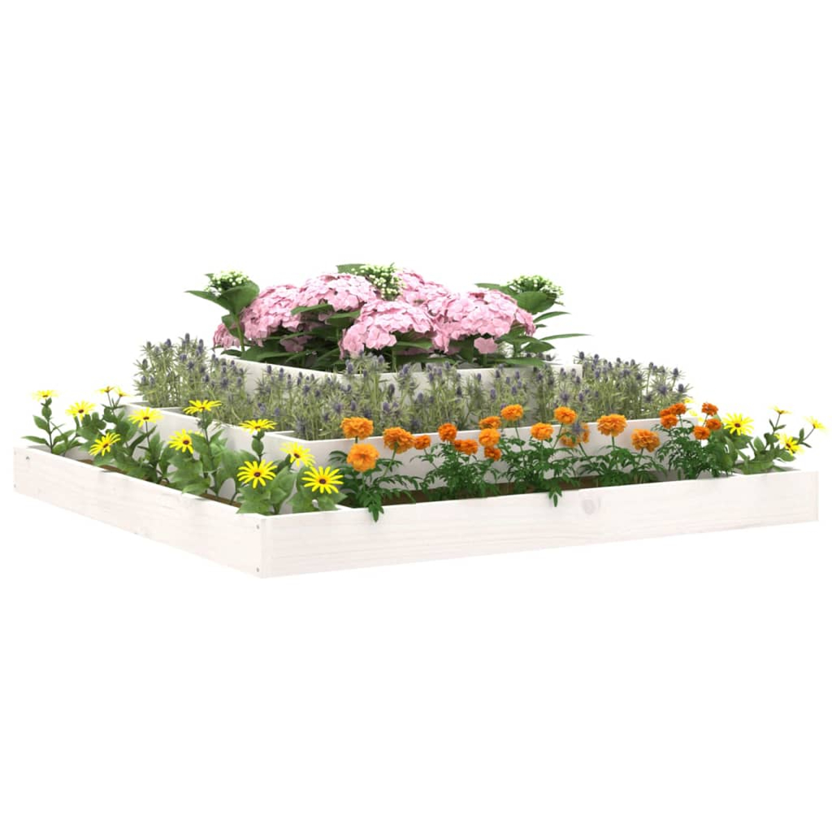 Ein weißes Hochbeet mit Blumen. Enthält rosa Hortensien, Lavendel und gelb/orangefarbene Blumen.