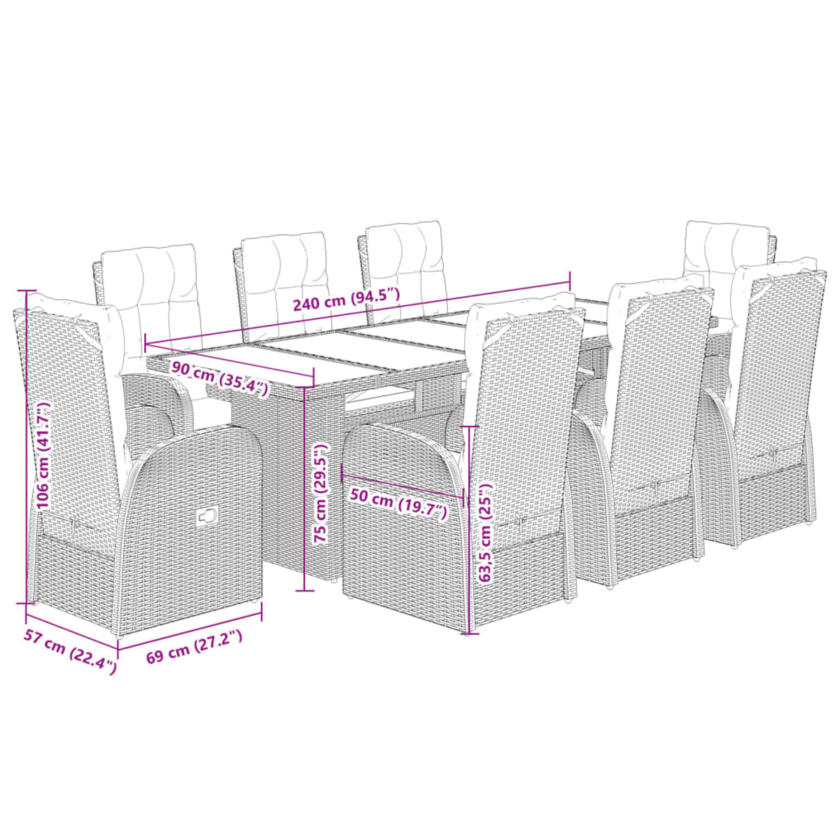 Diagramma di un set da pranzo all'aperto con dimensioni. Sedie in vimini nero, tavolo in legno. Sfondo bianco.