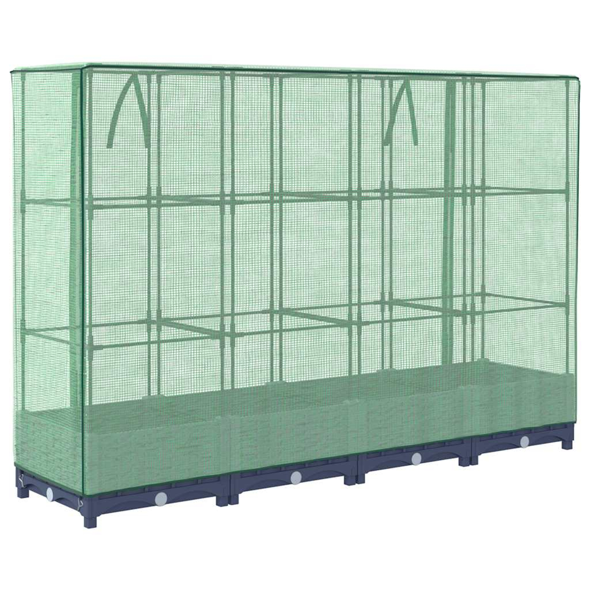 Una serra verde con ripiani e una base blu. Le dimensioni sono in centimetri.