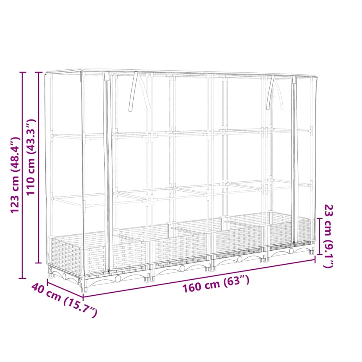 Una serra con dimensioni: 160 cm (63") di lunghezza, 40 cm (15,7") di larghezza, 123 cm (48,4") di altezza.