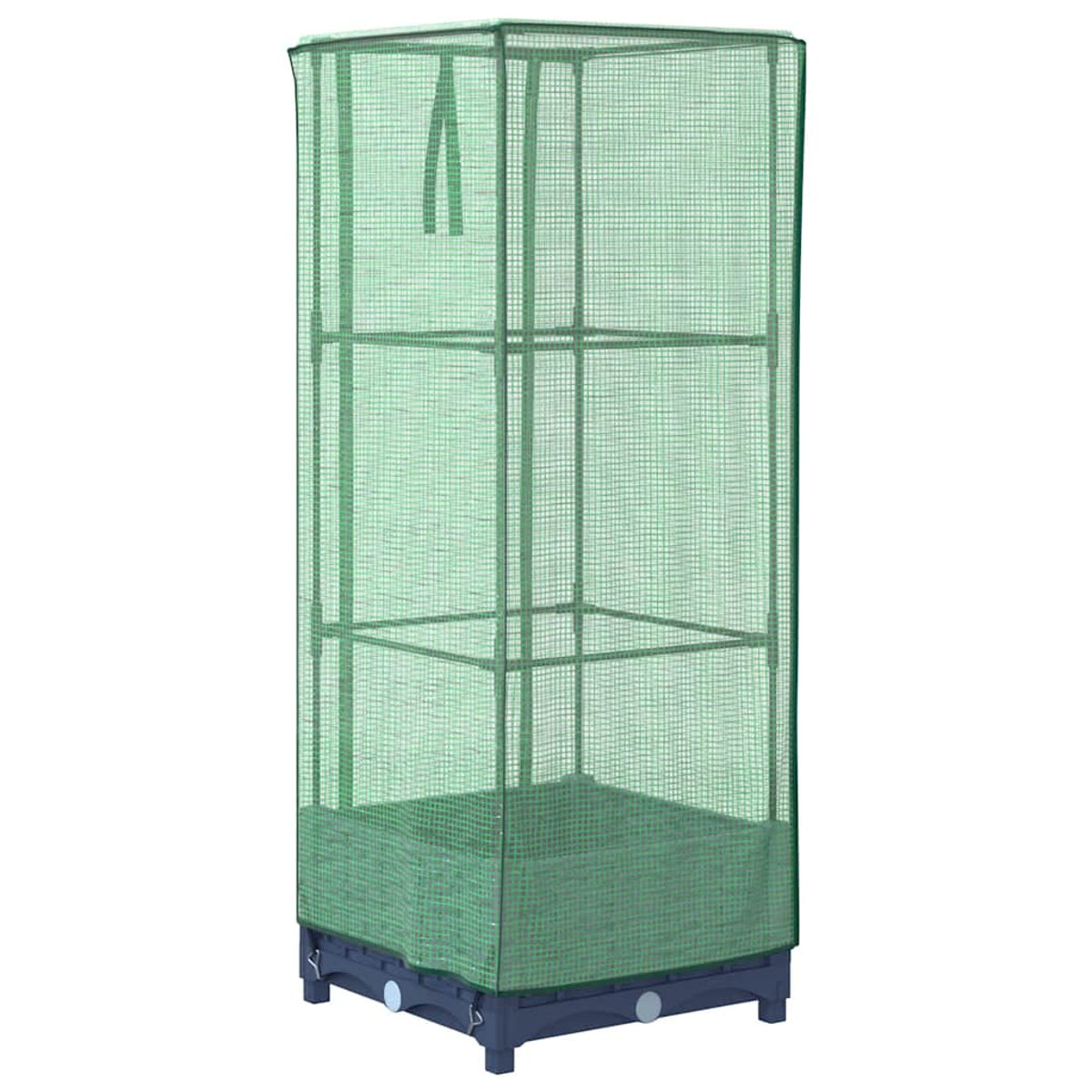 Una serra alta a rete verde con base rettangolare e ripiani multipli.