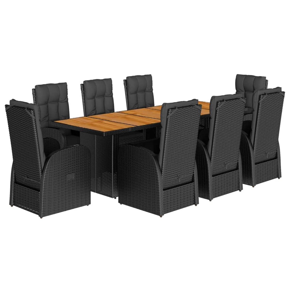 Set da pranzo da esterno in vimini nero con tavolo in legno e 8 sedie, tutto su sfondo bianco.