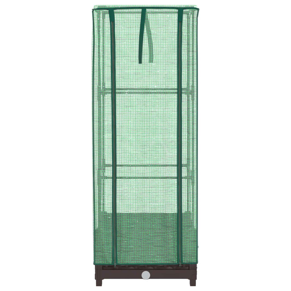 Serra. Lati in rete verde. All'interno, una pianta di pomodoro. Base marrone.