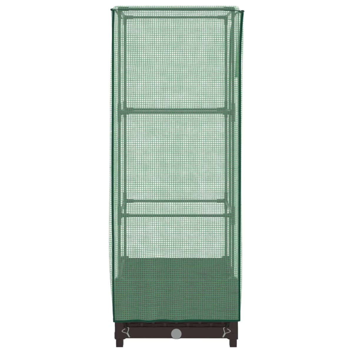 Serra verde con ripiani. La struttura è ricoperta da una rete verde. Lo sfondo è bianco.