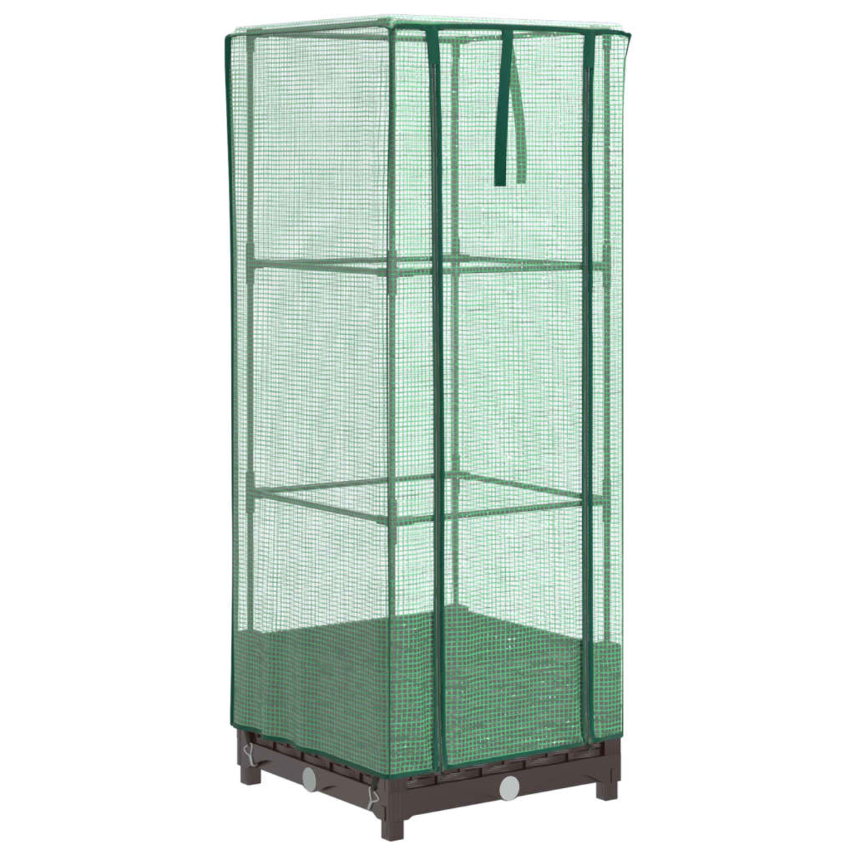 Serra verde con ripiani. La struttura ha una rete verde. Lo sfondo è bianco.