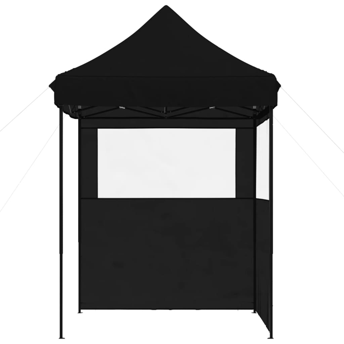 Tenda pop-up nera con finestre bianche. Ha un tetto a punta.