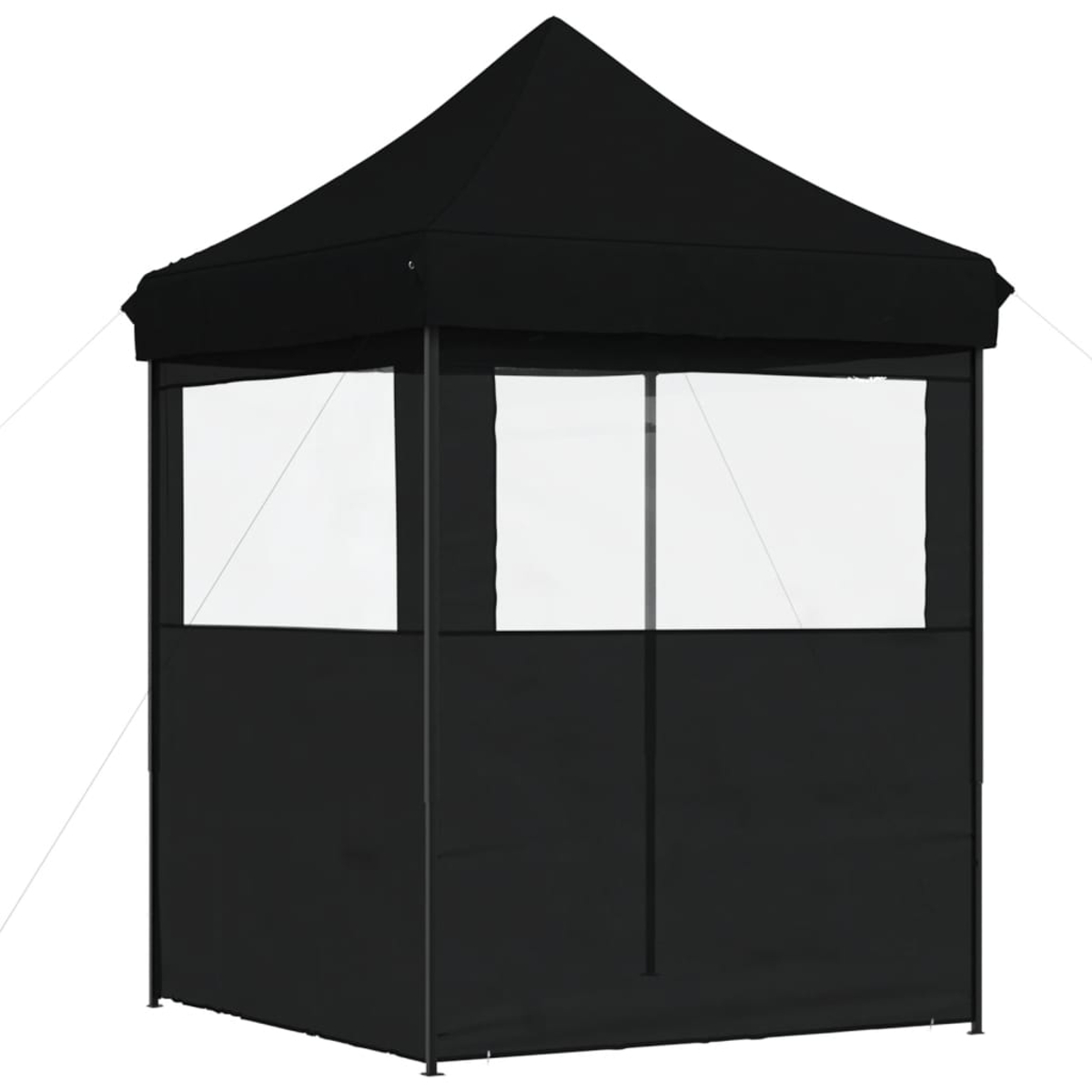 Tenda pop-up nera con finestre bianche. Il lato ha una finestra bianca.