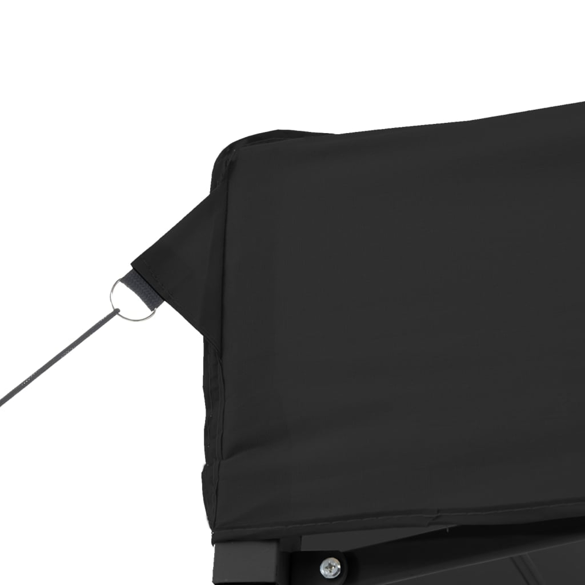 Primo piano di un angolo di tenda nero con un cavo di ancoraggio.