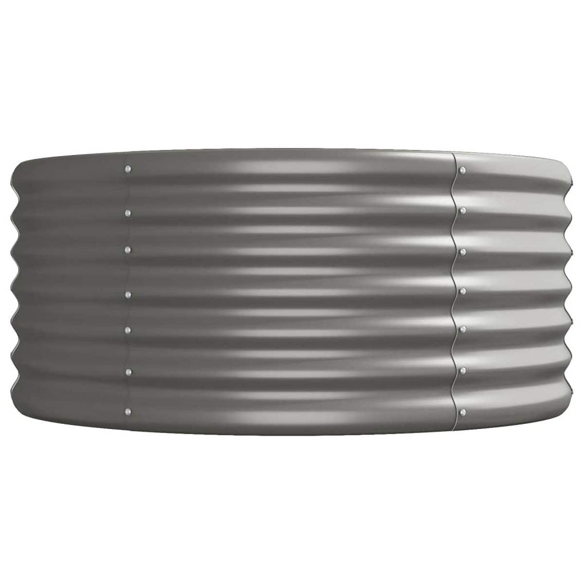 Graues, wellenförmiges Metall-Hochbeet. Gebogene Form mit rundem Design.