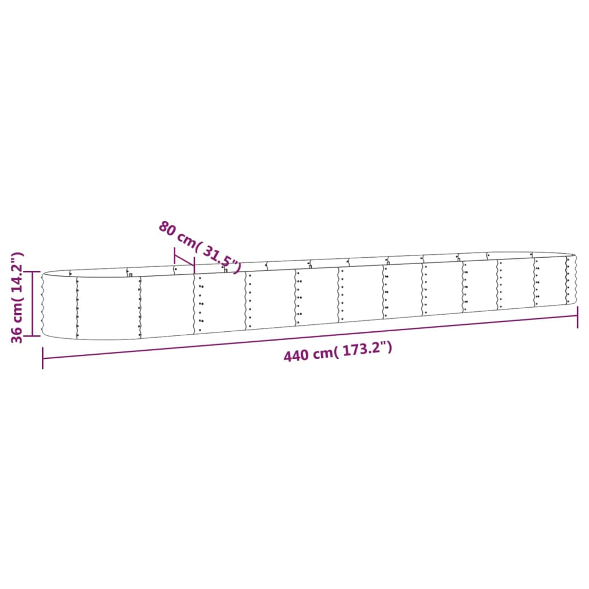 Diagramm mit den Abmessungen eines Hochbeets. 440cm lang, 36cm hoch und 80cm breit.