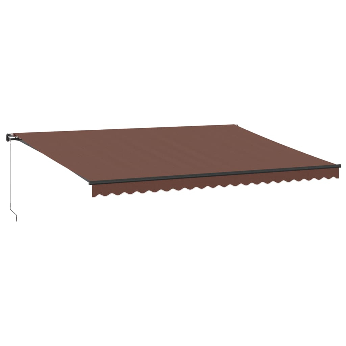 Braune Markise ausgefahren. Rechteckige Form mit gewelltem Rand, an der Wand montiert.