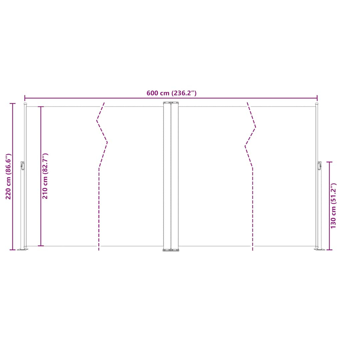 Diagramm mit Abmessungen für einen Sichtschutz.