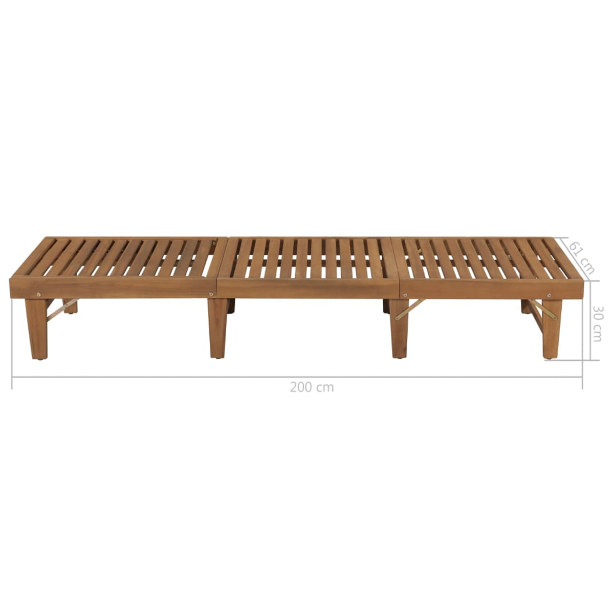 Outdoor-Liegestuhl aus Holz mit Lamellen. Maße sind angegeben. Weißer Hintergrund.