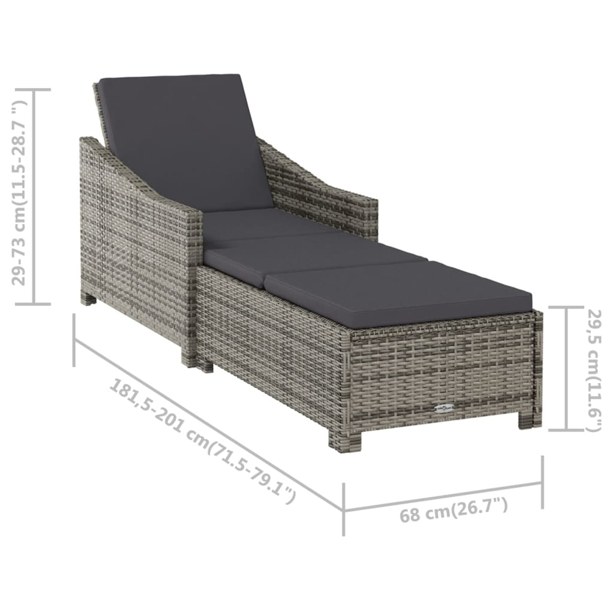 Graue Rattan-Liege mit Abmessungen. 181,5-201 cm lang, 68 cm breit, 29-73 cm hoch.