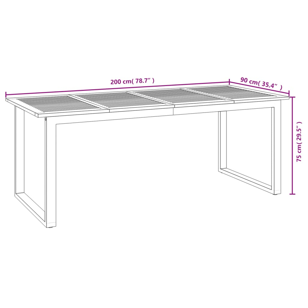 Ein rechteckiger Tisch mit Holzlatten und Metallbeinen, Maße auf dem Bild angegeben.
