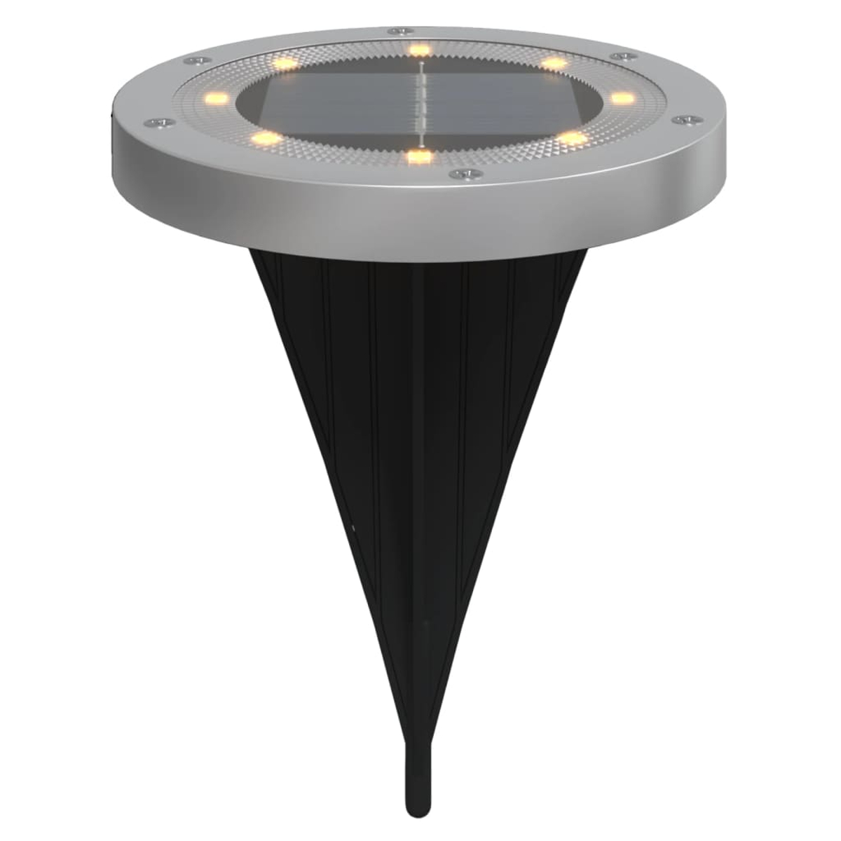 Silberne Solar-Gartenleuchte mit schwarzem Dorn. Sie hat eine runde Oberseite mit gelben Lichtern.
