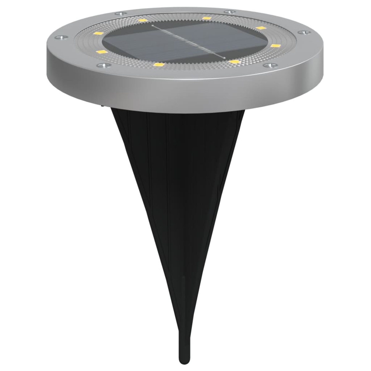 Silberne Solar-Gartenleuchte mit schwarzem Dorn. Sie hat eine runde Oberseite mit gelben Lichtern.