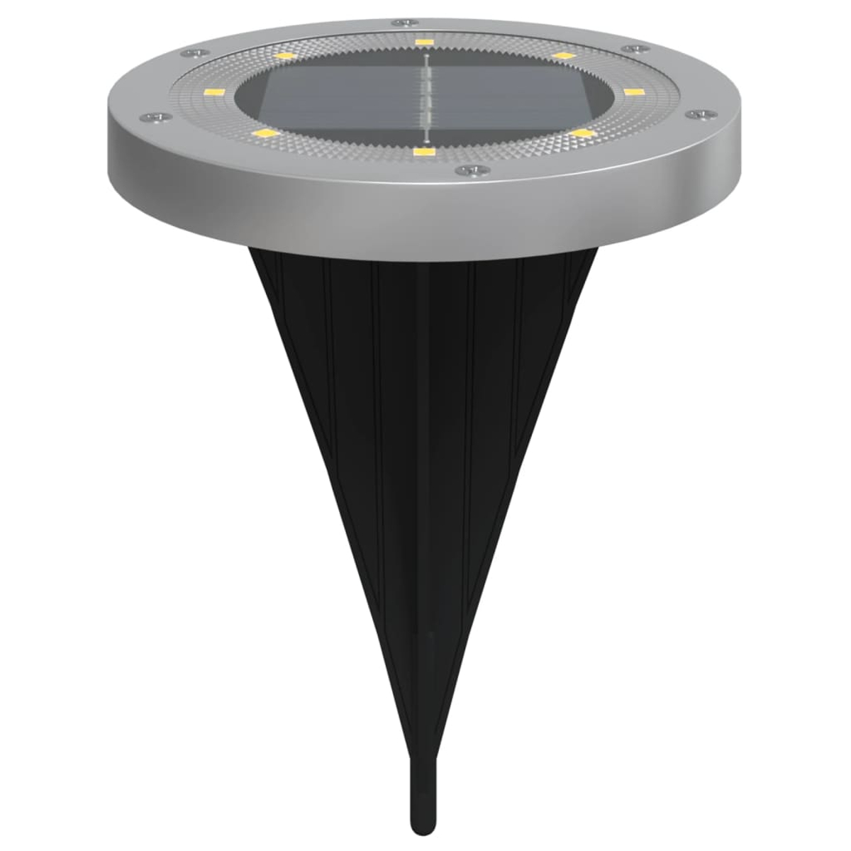 Silberne Solar-Gartenleuchte mit schwarzem Dorn. Sie hat eine runde Oberseite mit gelben Lichtern.