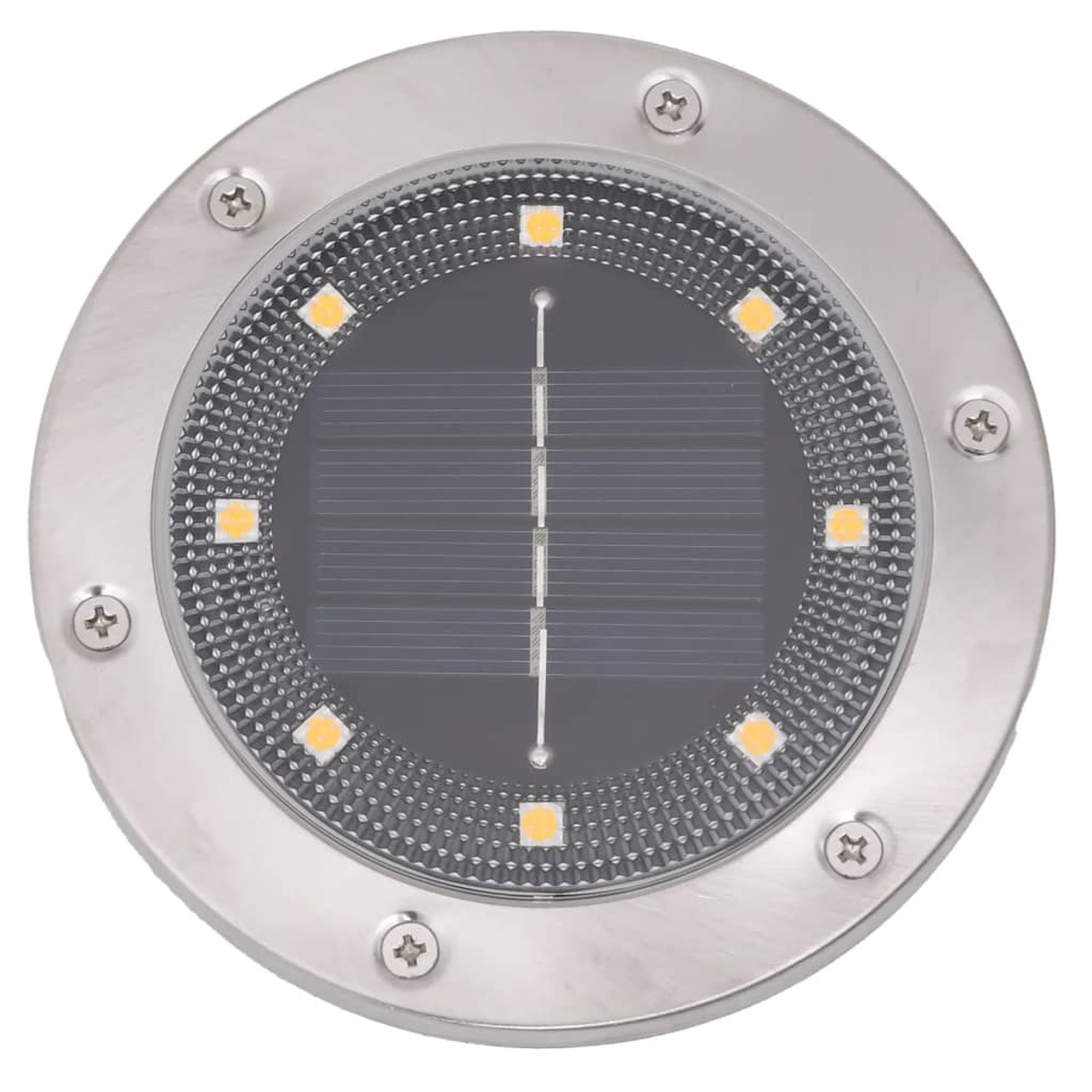 Eine runde solarbetriebene Gartenleuchte aus Stahl, mit sichtbaren Schrauben und Solarpanel.