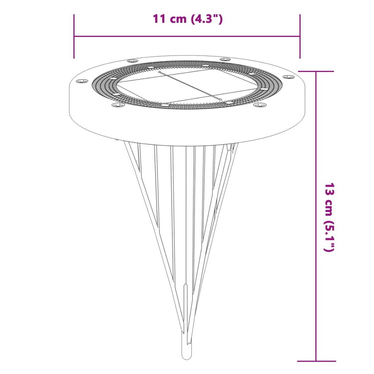 Diagramm einer Solar-Gartenleuchte mit Abmessungen. Zeigt Breite und Höhe in Zentimetern und Zoll.