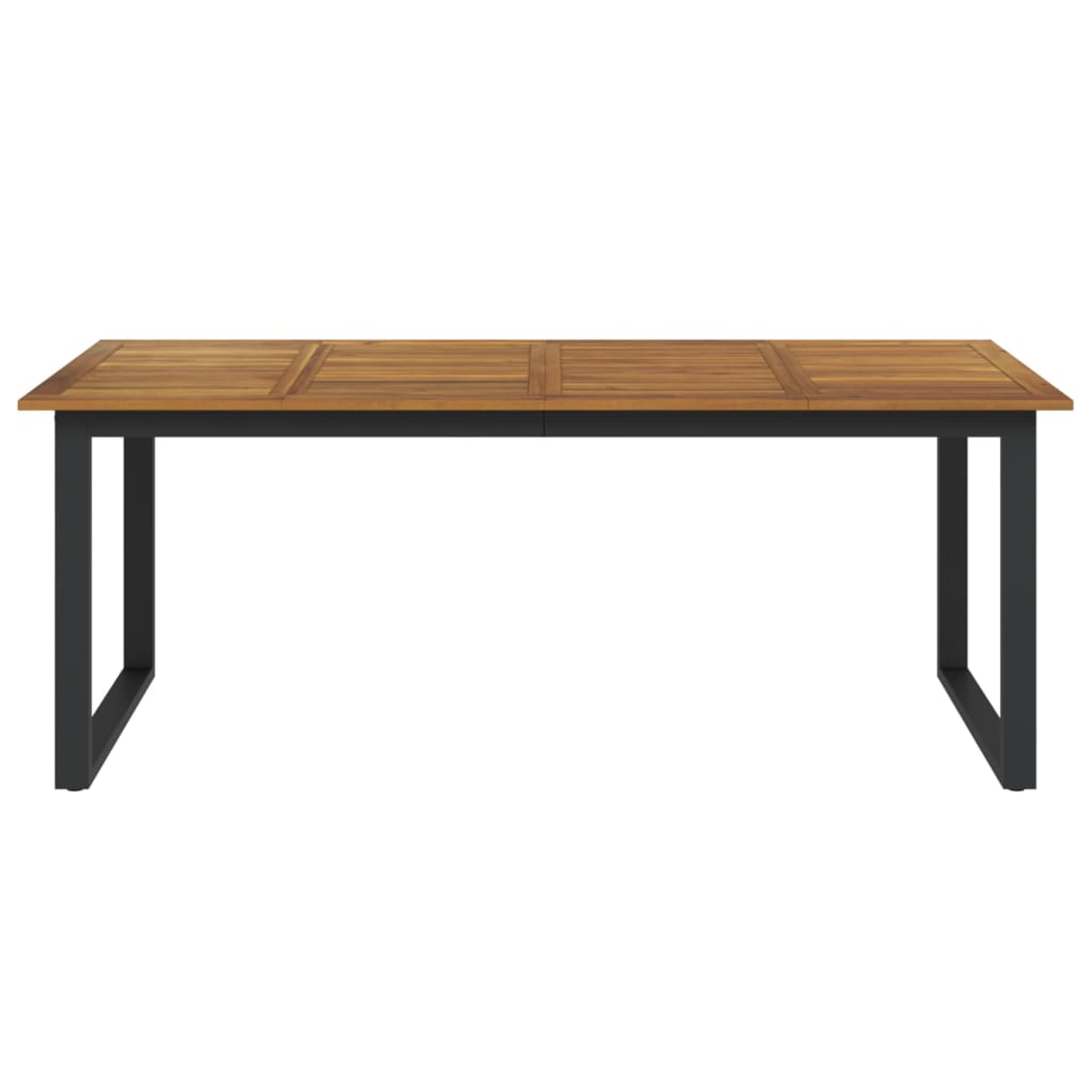 Langer Holztisch mit schwarzem Rahmen. Outdoor-Terrassenmöbel. Modernes Design und Stil.