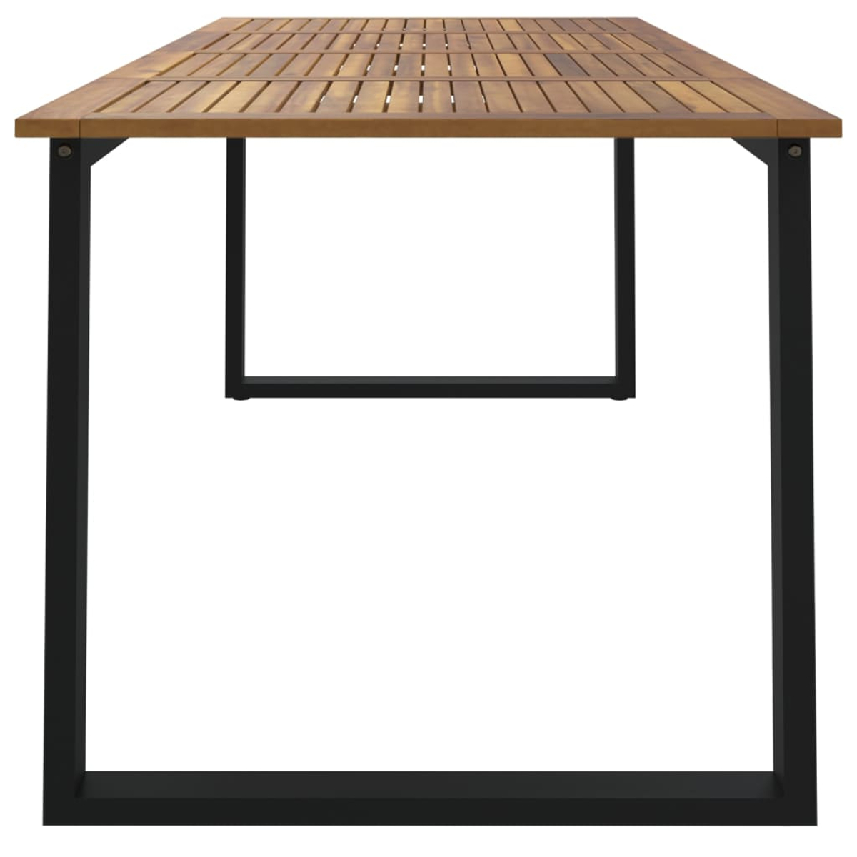 Holztisch mit schwarzen Metallbeinen. Die Oberseite besteht aus Holzlatten.