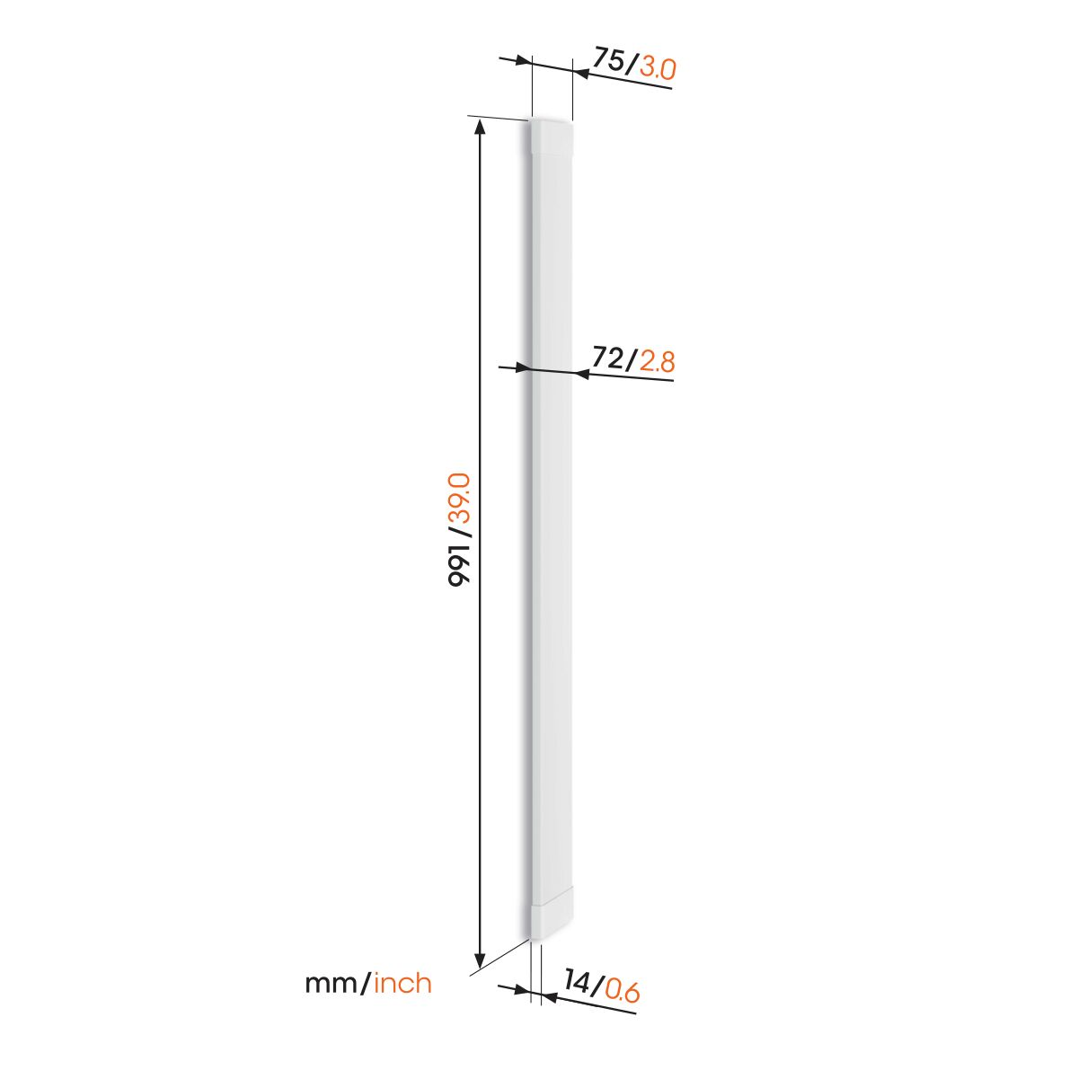 Wit, lang, smal object met afmetingen. Het object wordt verticaal weergegeven.