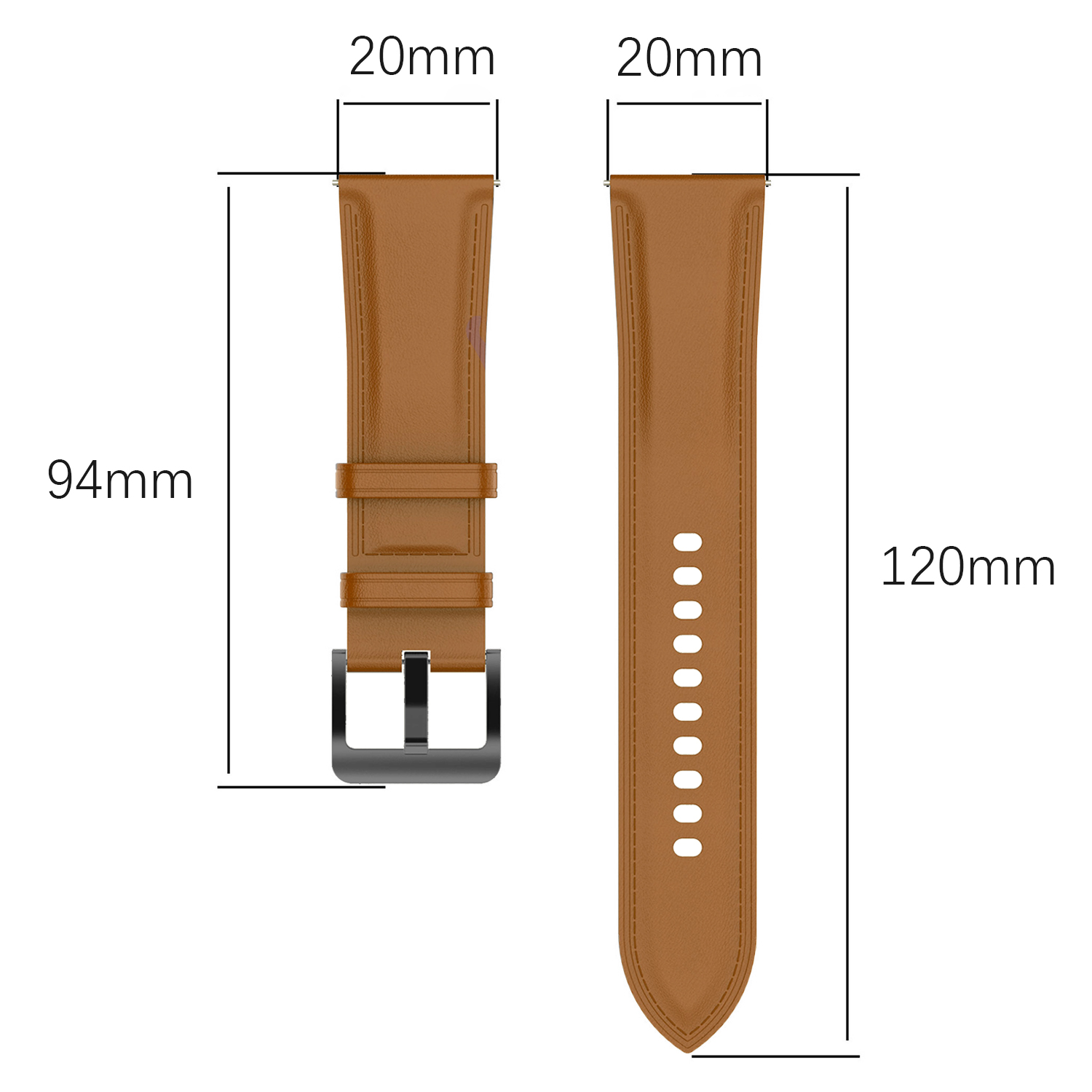 Zwei braune Leder-Uhrenarmbänder. Abmessungen in mm, inkl. Länge und Breite.