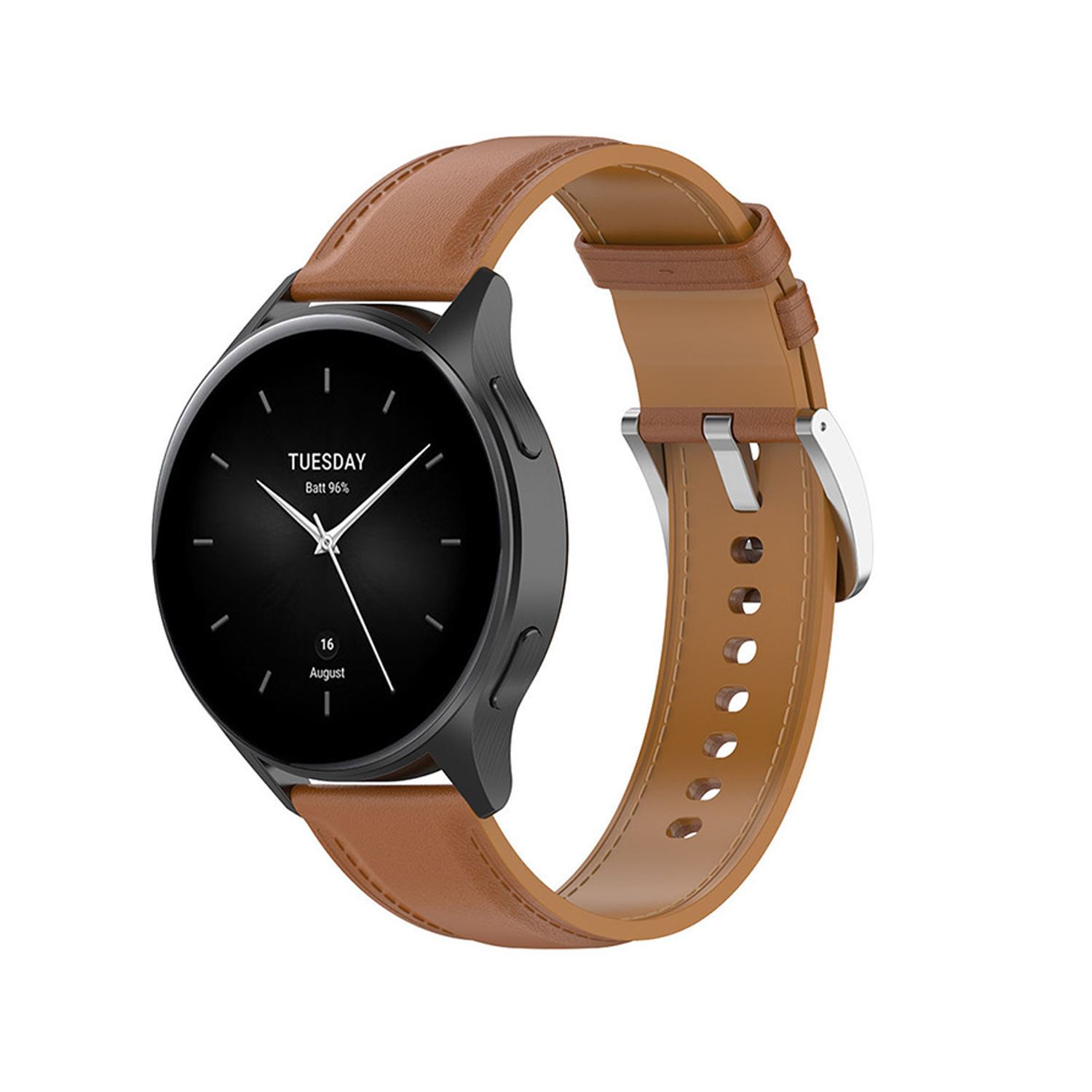 Schwarze Smartwatch mit braunem Lederarmband. Das Display zeigt Dienstag, 16. August, mit 96% Akku.