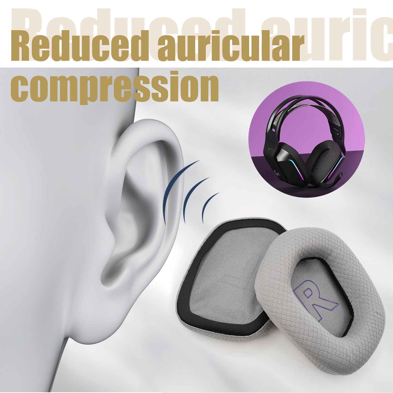 Ucho osoby z zestawem słuchawkowym i nausznikami. Obraz podkreśla konstrukcję zestawu słuchawkowego.