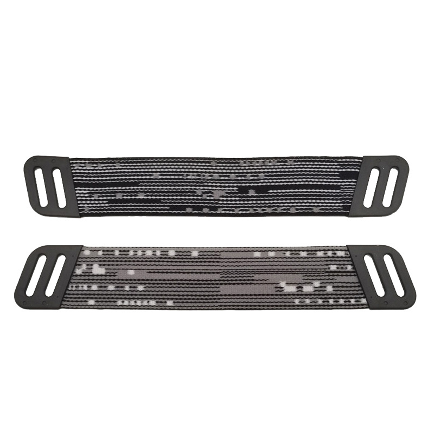 Dwa czarne i szare paski z materiału z czarnymi plastikowymi końcami, przeznaczone do urządzenia.