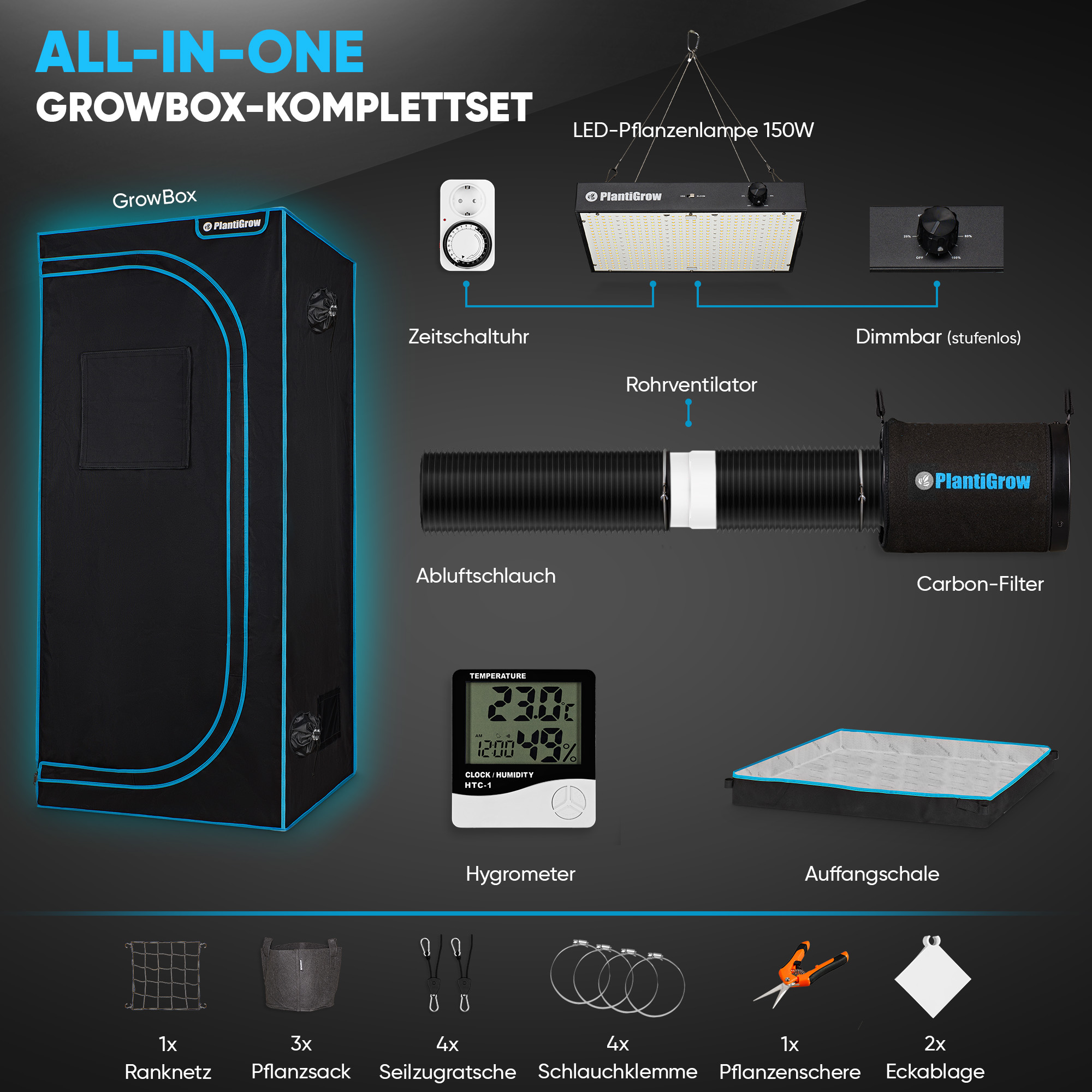 Growbox-Set mit Grow-Zelt, Zeitschaltuhr, Ventilator, Filter, Luftschlauch und Zubehör.
