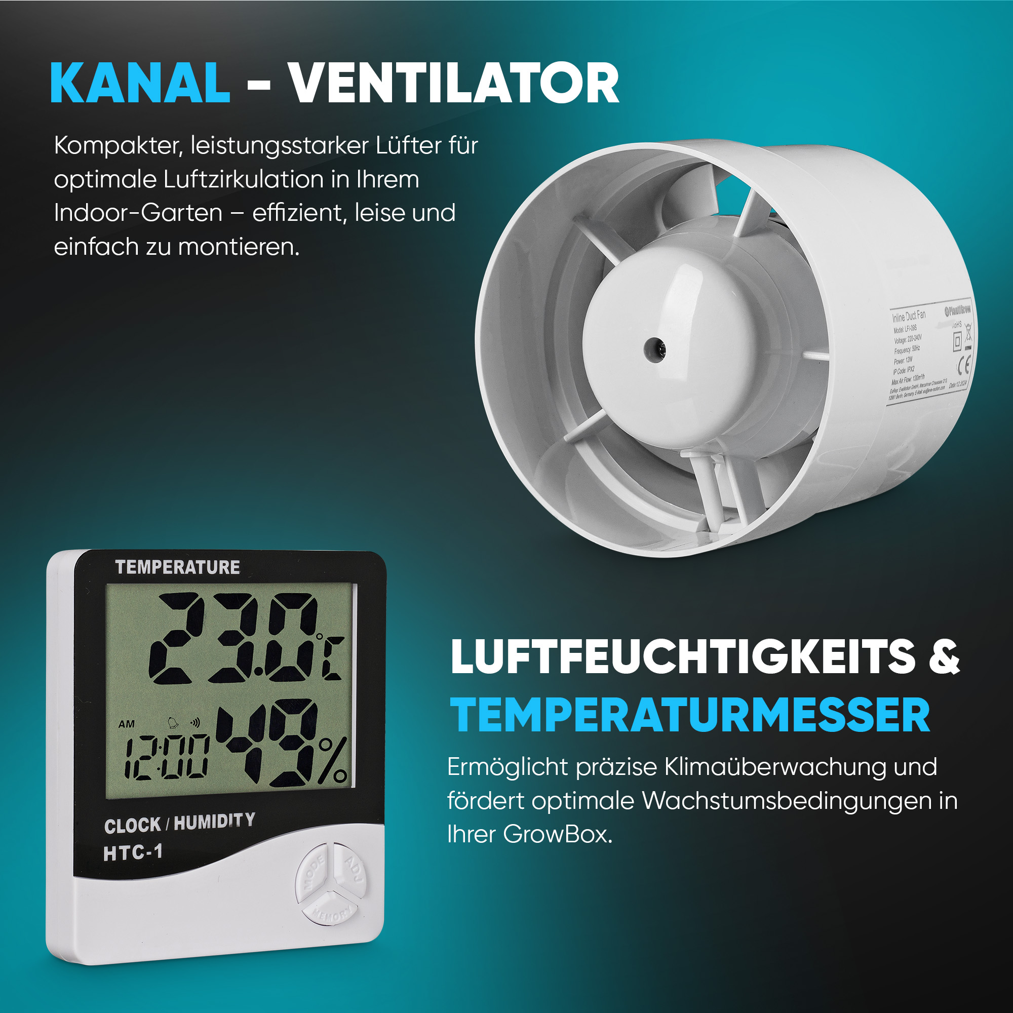 Ein Lüfter und ein Thermometer mit Anzeige von Temperatur und Feuchtigkeit, für ein Growbox-Setup.