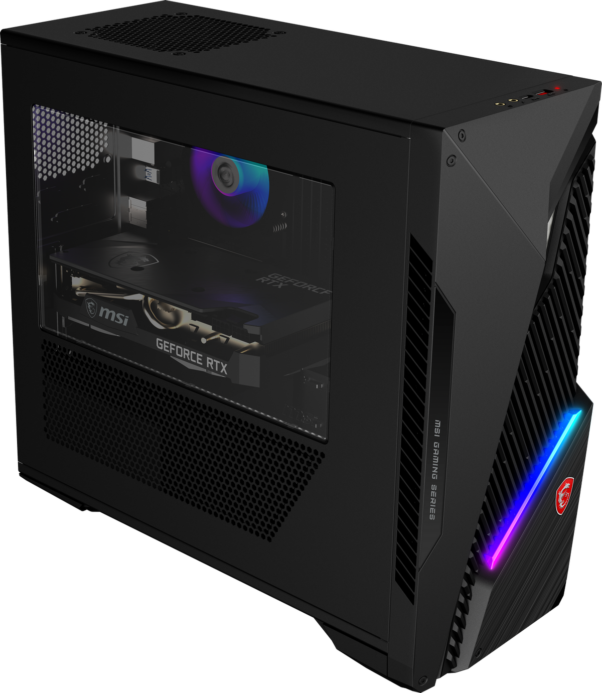 Czarny komputer do gier MSI z szklanym panelem bocznym.