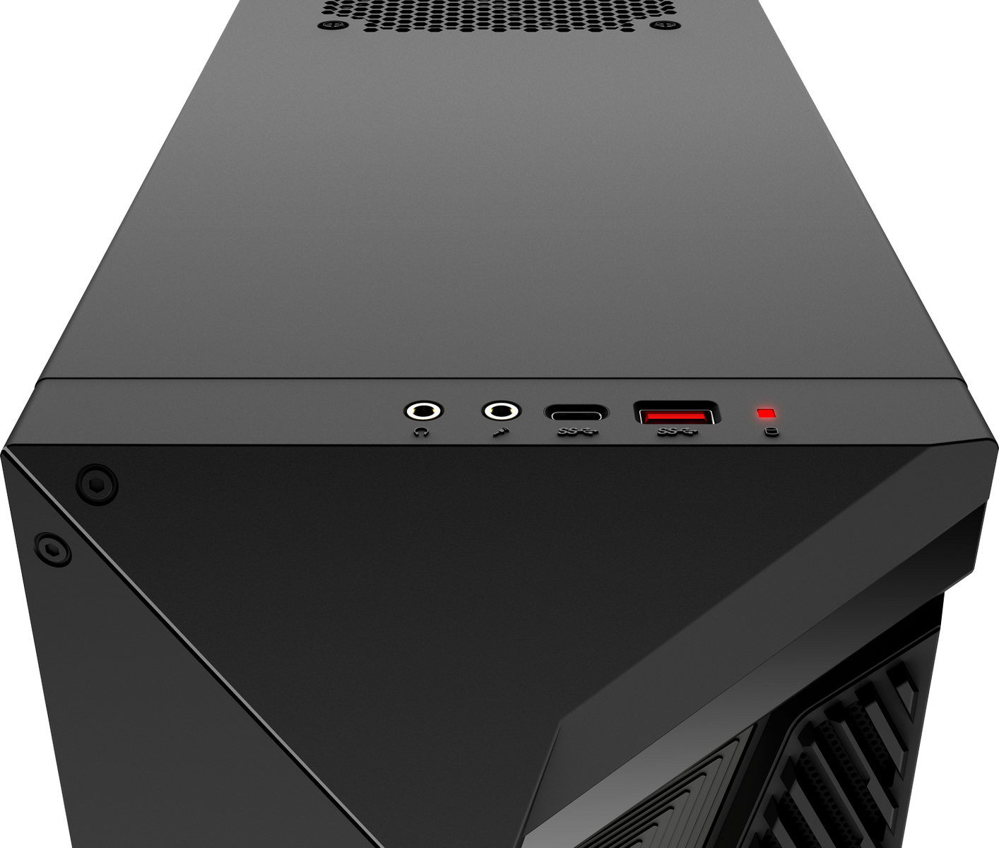 Czarny panel przedni obudowy PC, z portami słuchawek, mikrofonu, USB i zasilania, z czerwoną diodą.