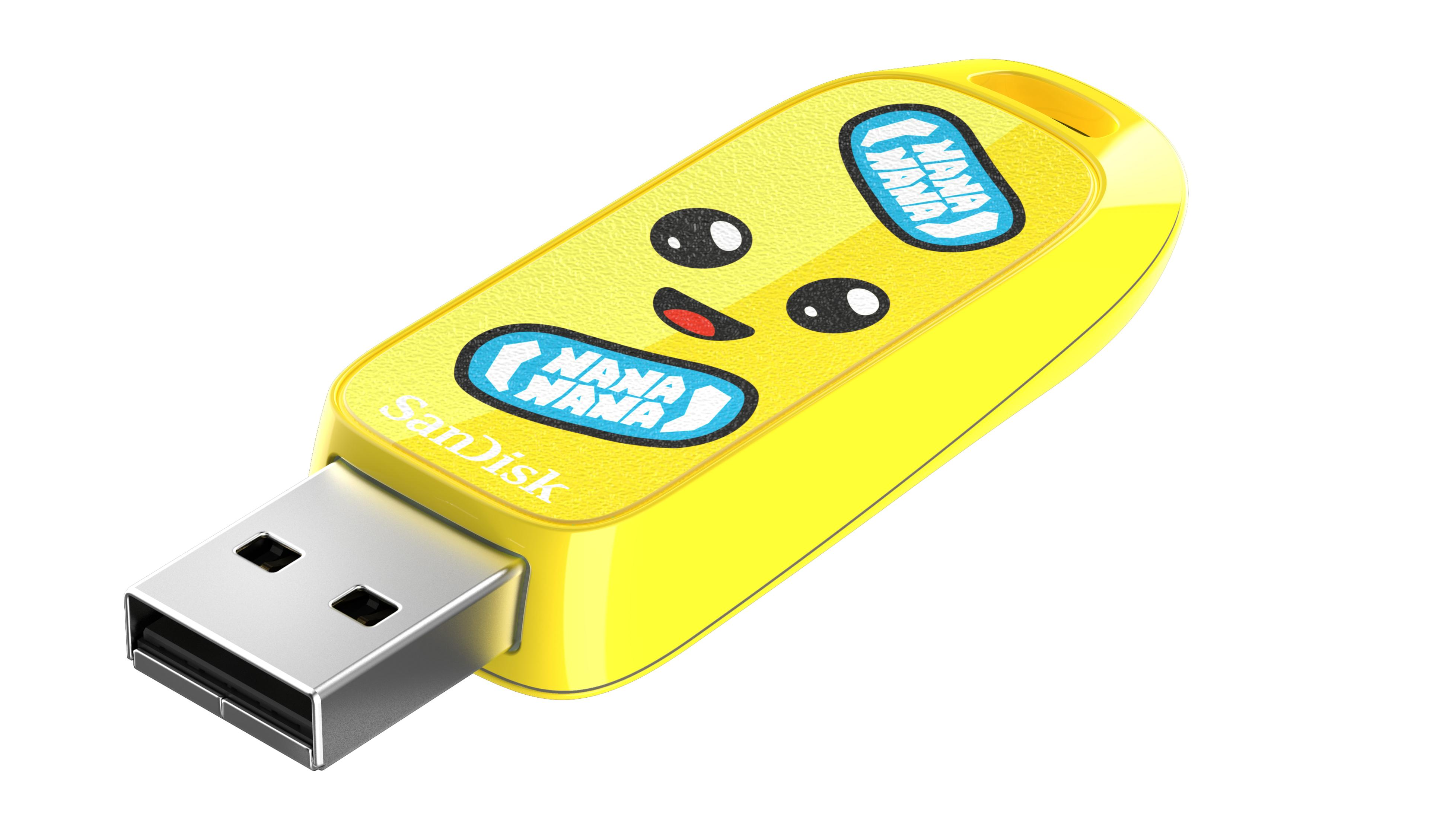 Żółty pendrive Sandisk z kreskówkową twarzą i tekstem 'Nana Nana'.